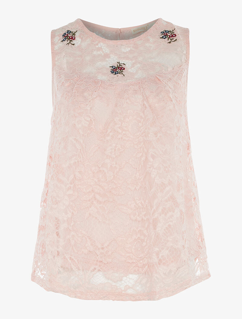 Top ample en dentelle brodée - rose - 1
