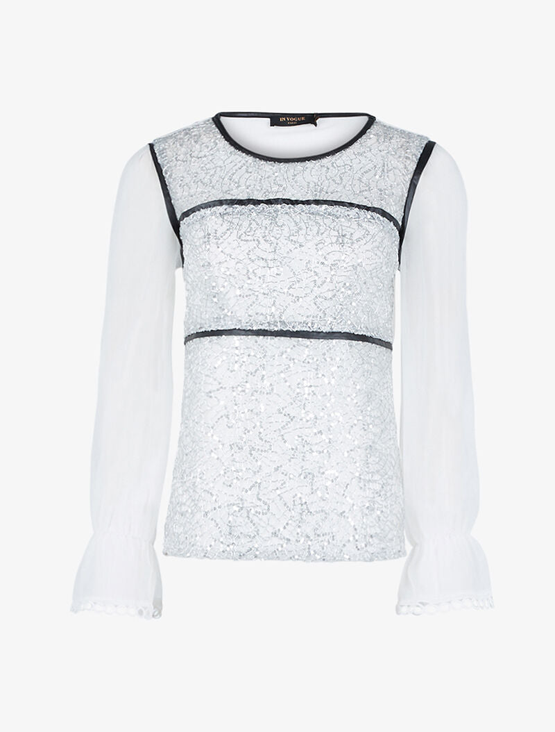 Top buste à motifs et manches en voile - blanc - 1