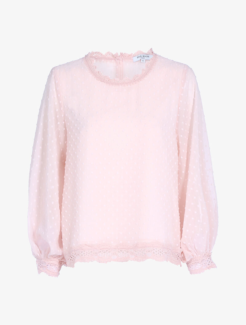 Blouse texturée à bords crochet - rose - 1
