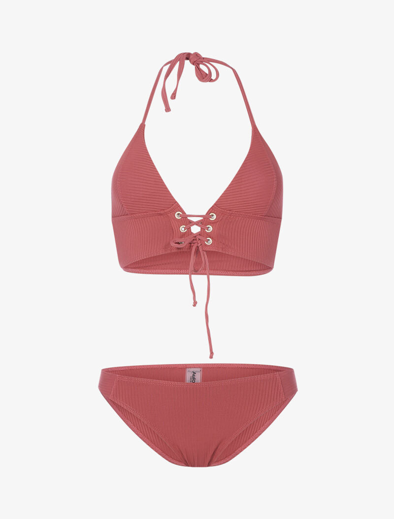 Bikini triangle côtelé à corset - vieux rose - 3