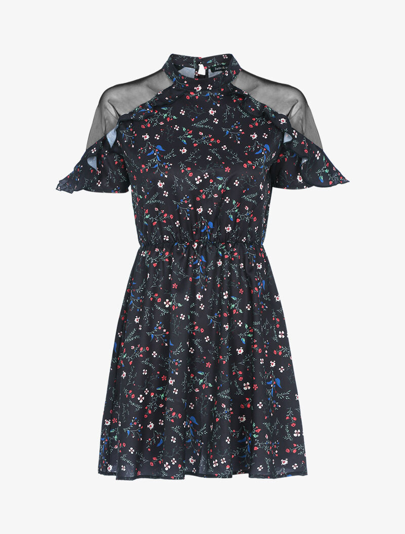 Robe fleurie à épaules ajourées - noir - 1