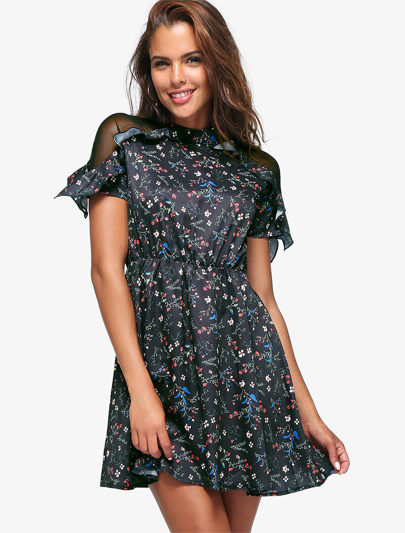 Robe fleurie à épaules ajourées - noir - 3