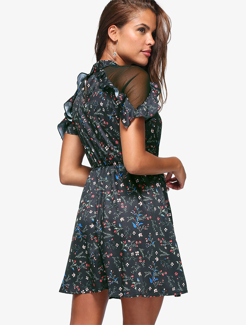 Robe fleurie à épaules ajourées - noir - 5