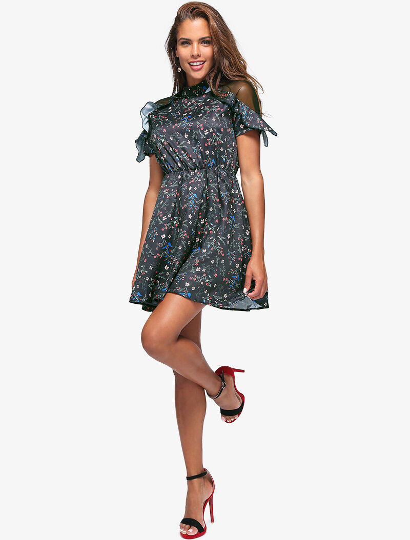 Robe fleurie à épaules ajourées - noir - 6