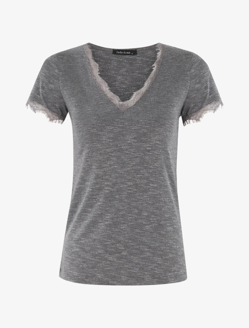 T-shirt chiné à bord dentelle - gris foncé - 1
