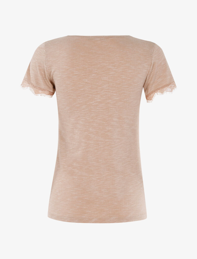 T-shirt chiné à bord dentelle - beige - 2