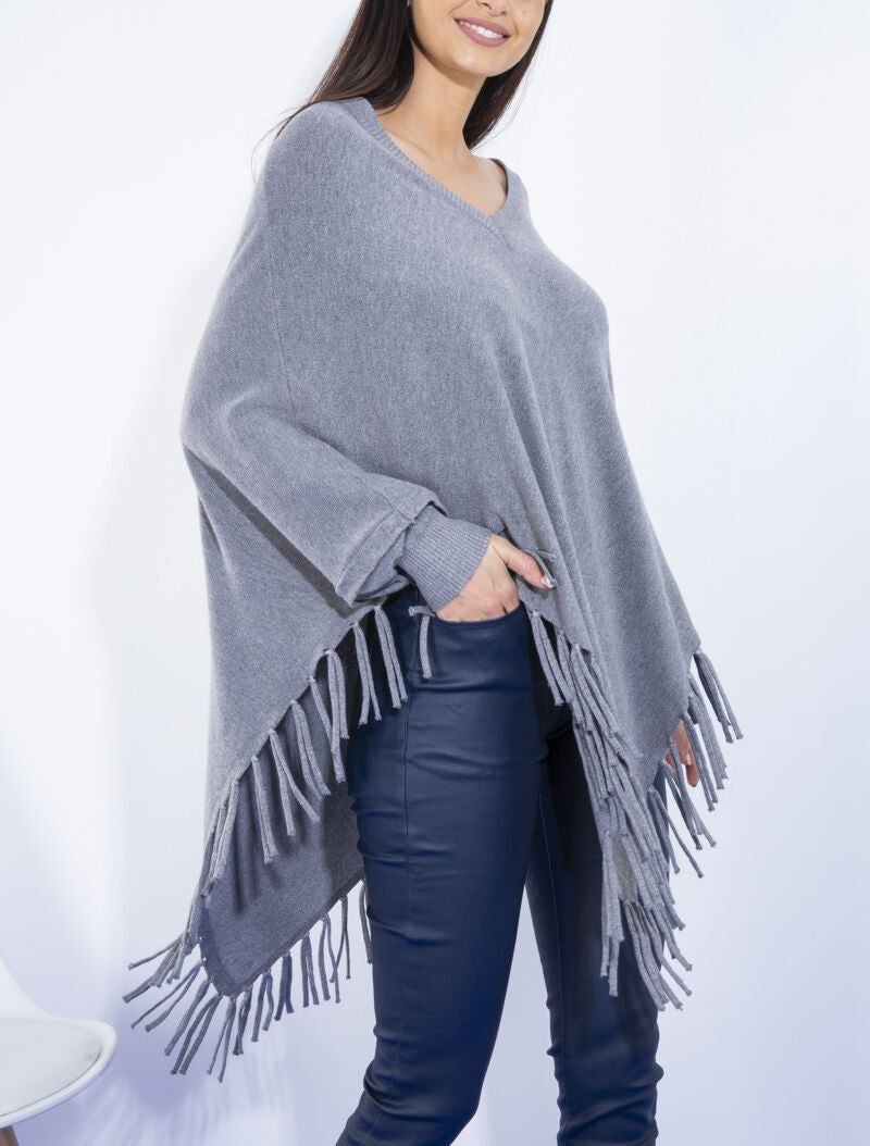 Pull poncho à franges - gris foncé - 3
