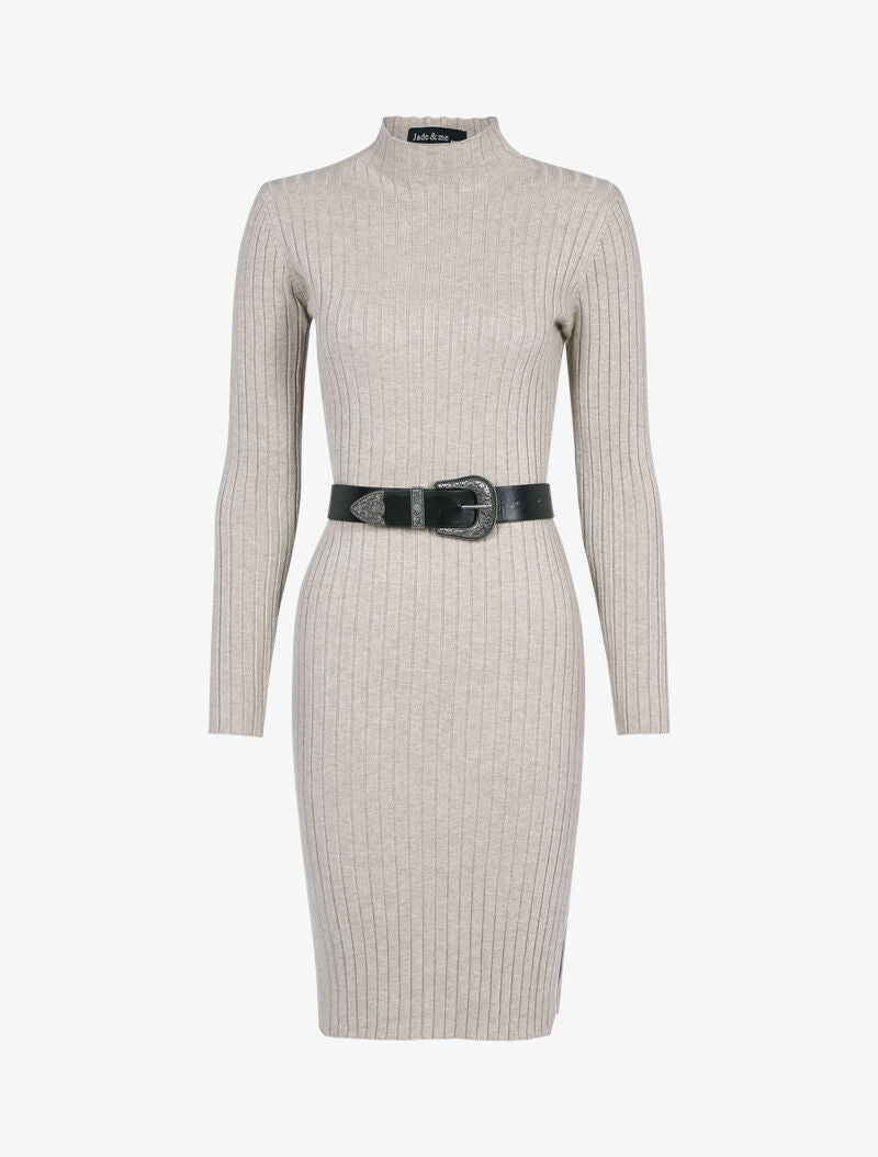 Robe-pull côtelée à col montant - taupe - 4