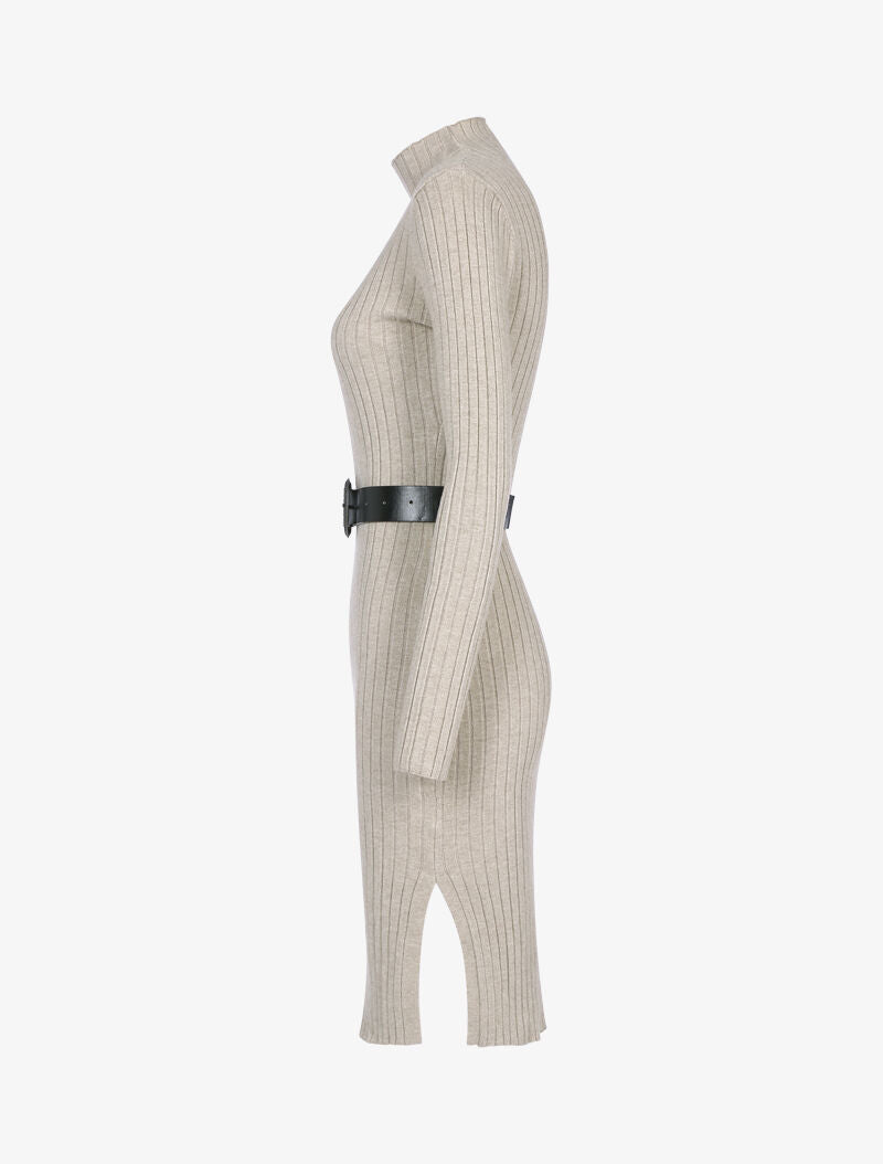 Robe-pull côtelée à col montant - taupe - 3
