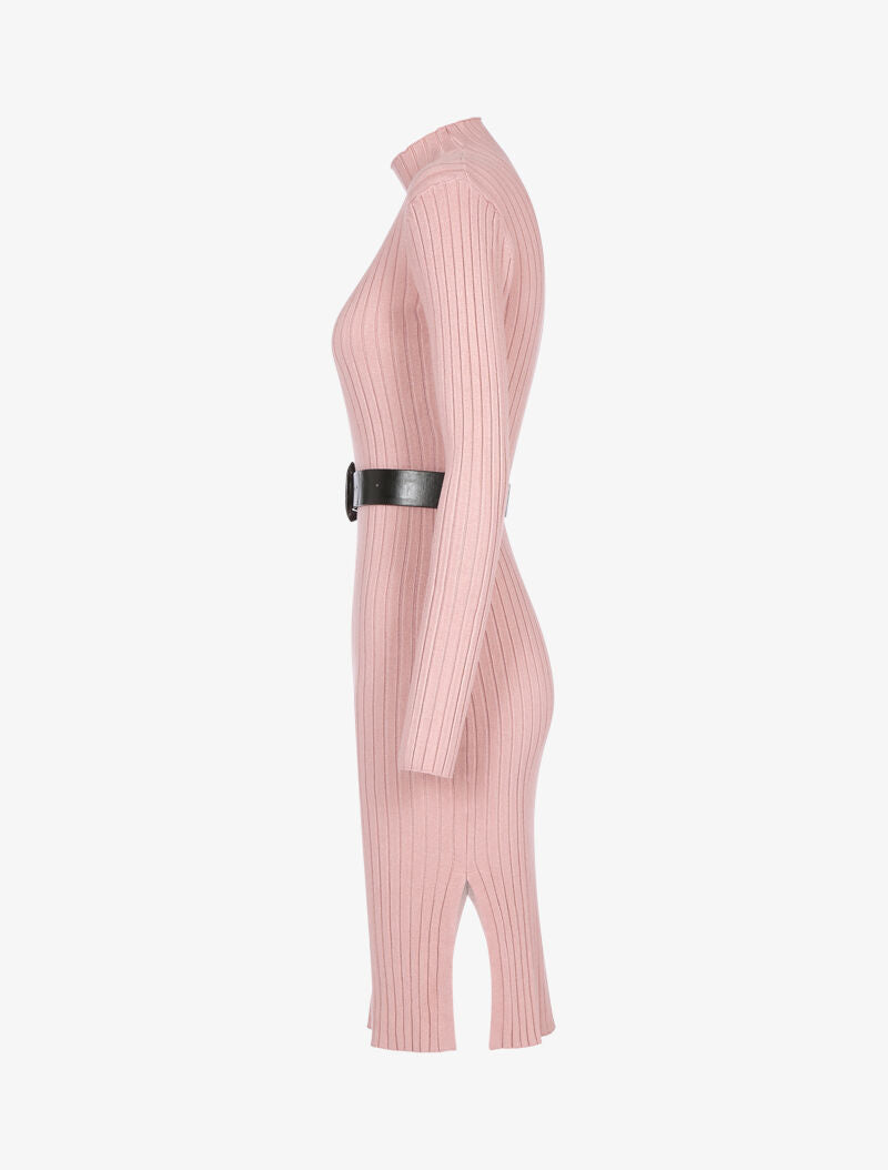 Robe-pull côtelée à col montant - rose - 4