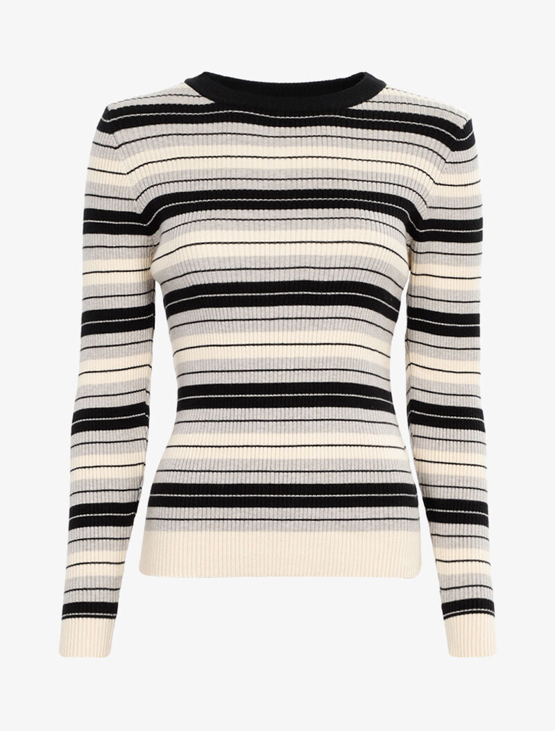 Pull côtelé à rayures bicolore - noir/gris/beige - 2