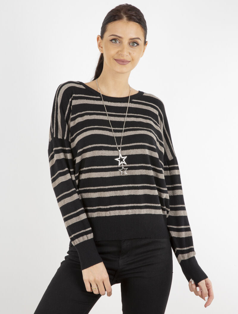 Pull à rayures en pilou - gris/noir - 1