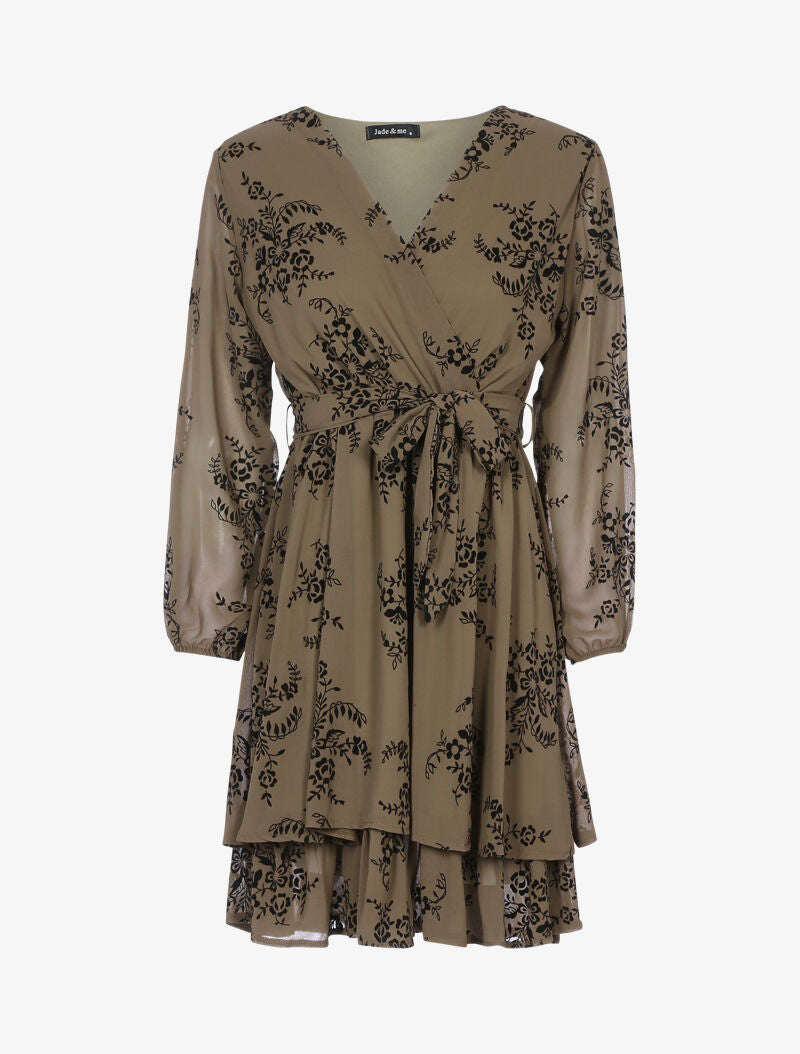 Robe patineuse effet velours et fleurs graphiques - taupe - 1