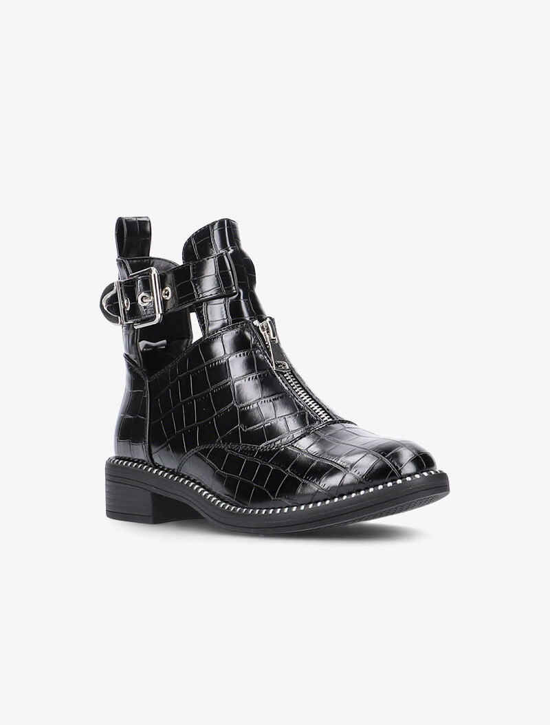 Bottines croco à billes et zip - noir - 2