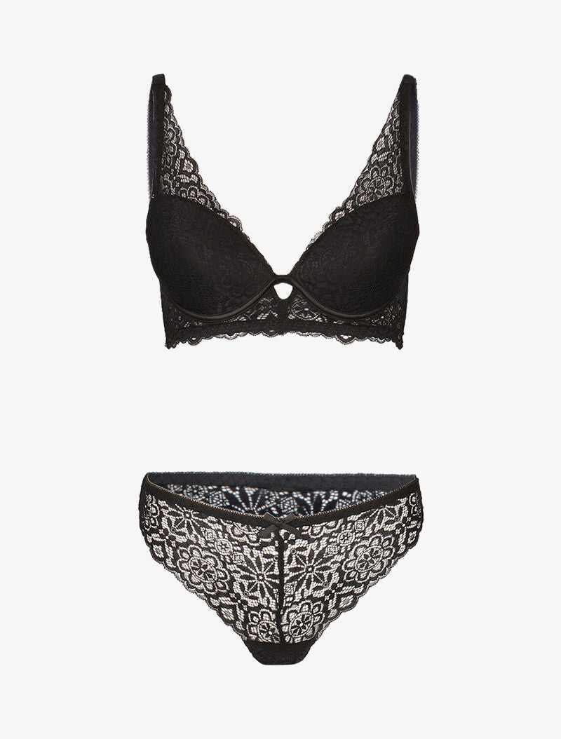 Ensemble ampliforme en dentelle fleurie - noir - 1