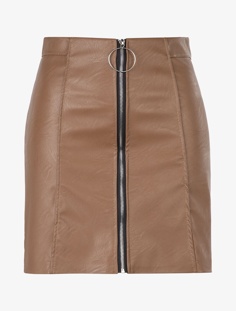 Jupe droite zippée en simili - camel - 3