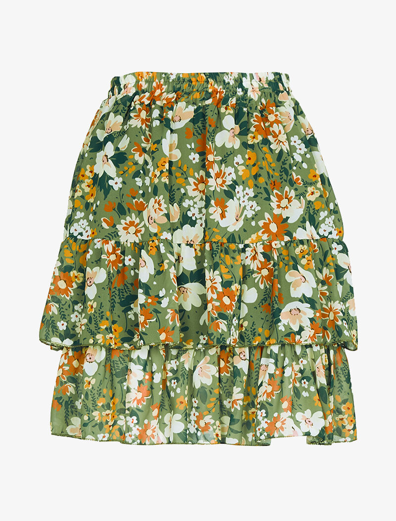 Mini jupe à volants superposés imprimé fleurs - kaki - 3
