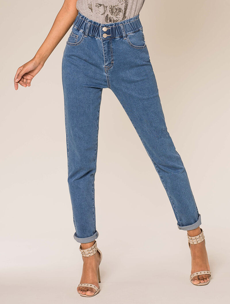 Jean à taille haute élastiquée - bleu denim - 1