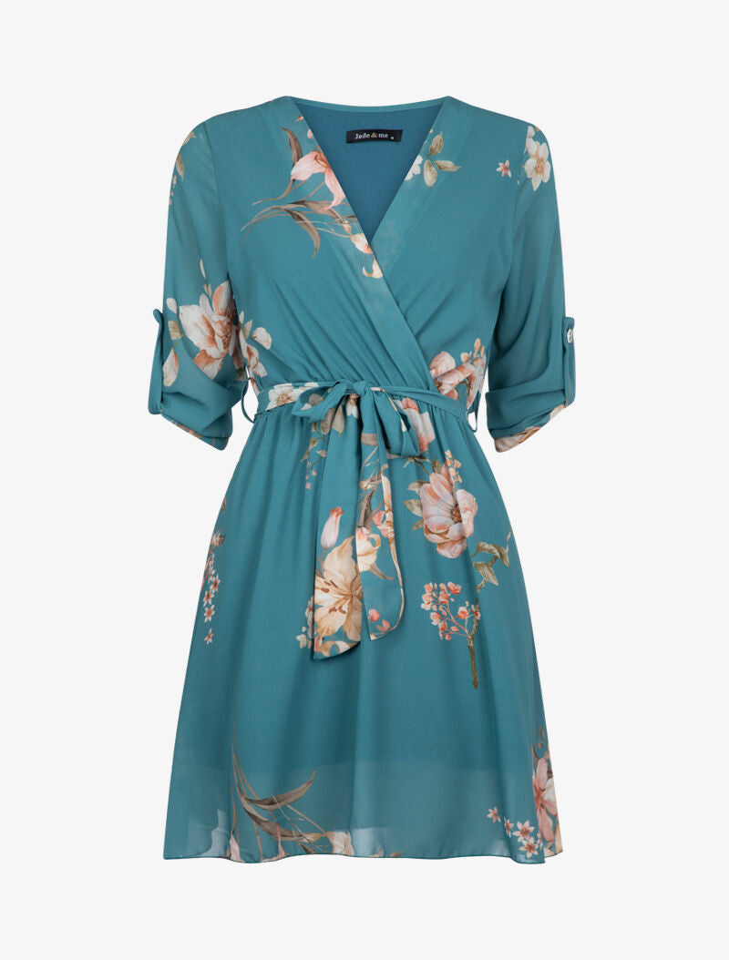 Robe cache coeur à imprimé printanier - turquoise - 1