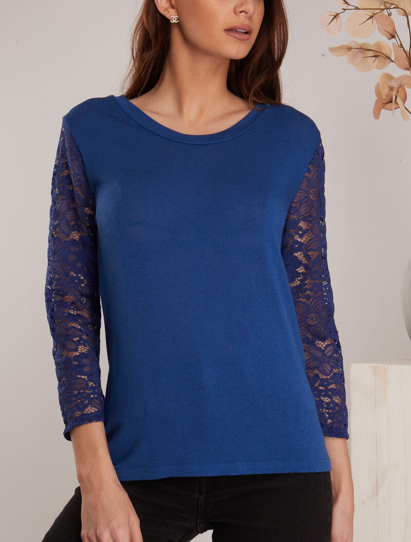 Top en maille à détails dentelle - bleu électrique - 5