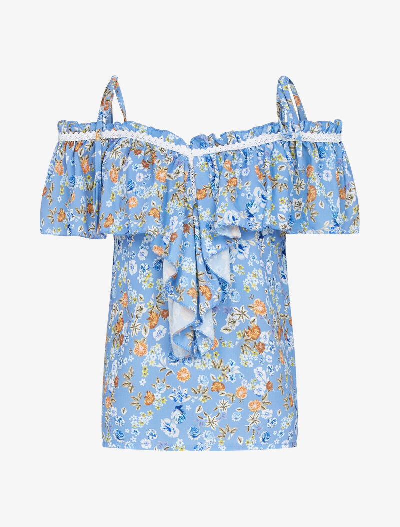 Top fleuri à épaules nues - bleu ciel - 1