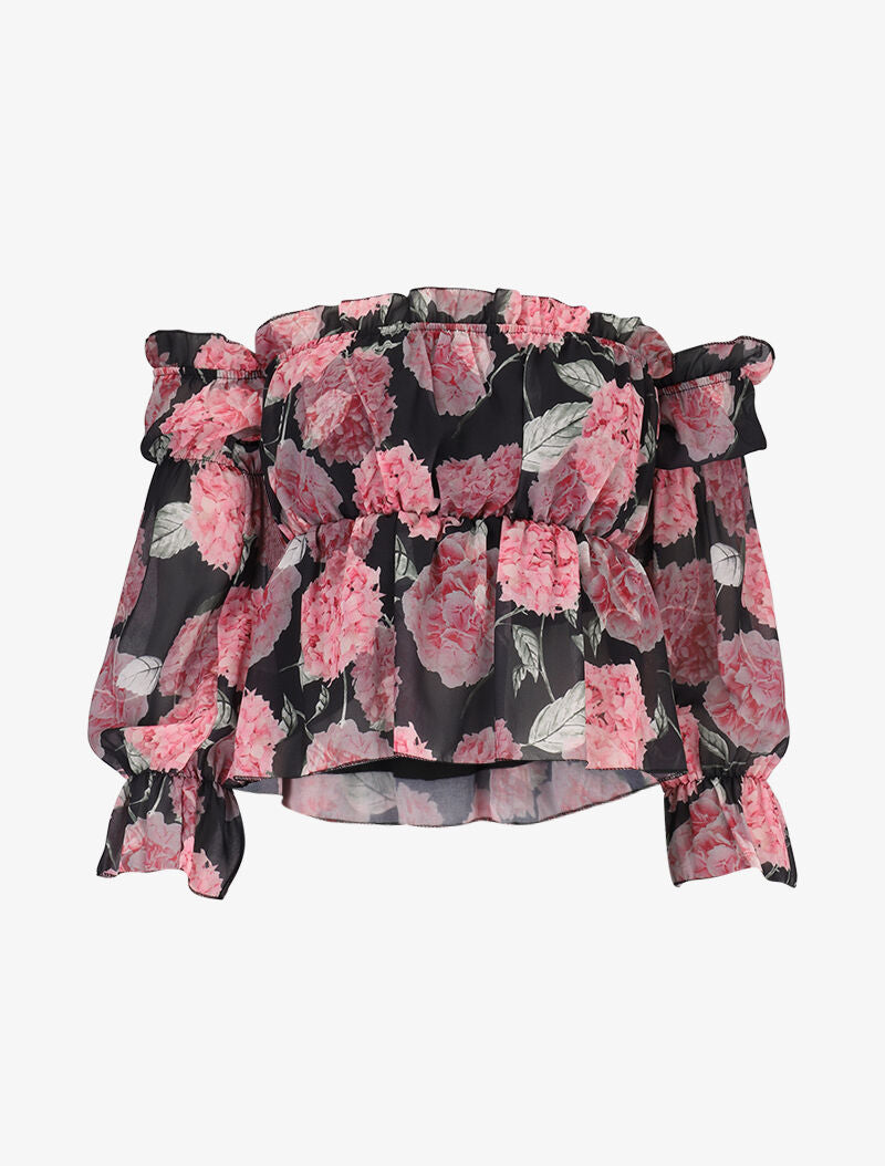 Crop top fleuri à épaules dénudées - noir - 1