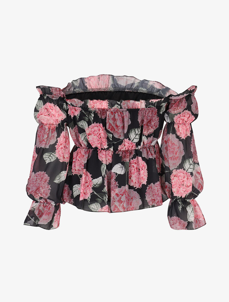 Crop top fleuri à épaules dénudées - noir - 2