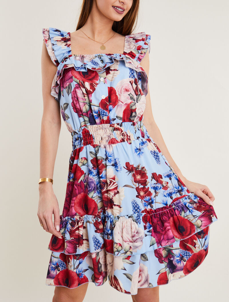 Robe fleurie à bretelles volantées - bleu ciel - 1