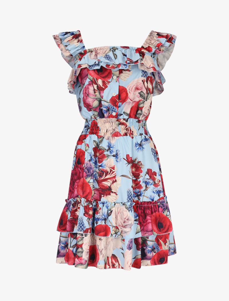Robe fleurie à bretelles volantées - bleu ciel - 2