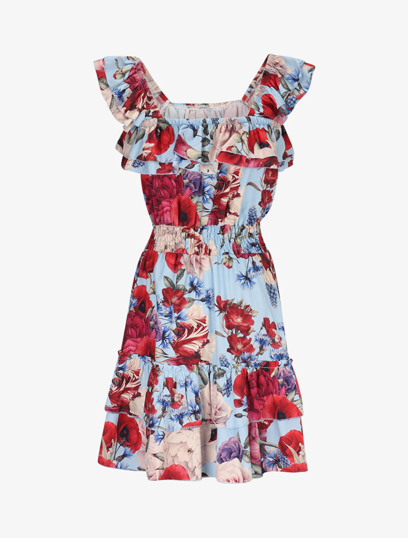 Robe fleurie à bretelles volantées - bleu ciel - 3