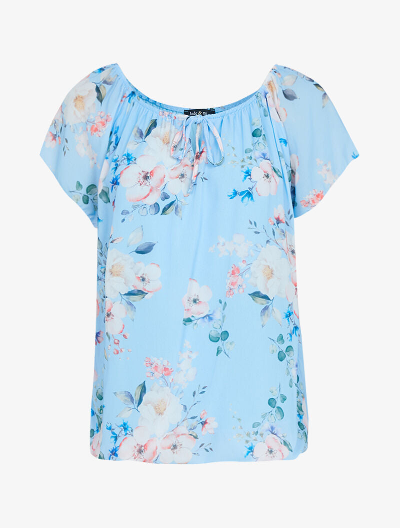 Top fleuri coupe boule - bleu ciel - 3