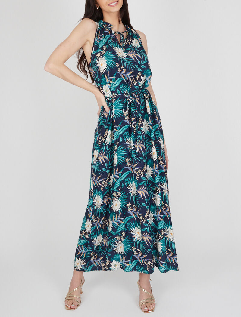 Robe imprimée à encolure montante volantée - marine - 4