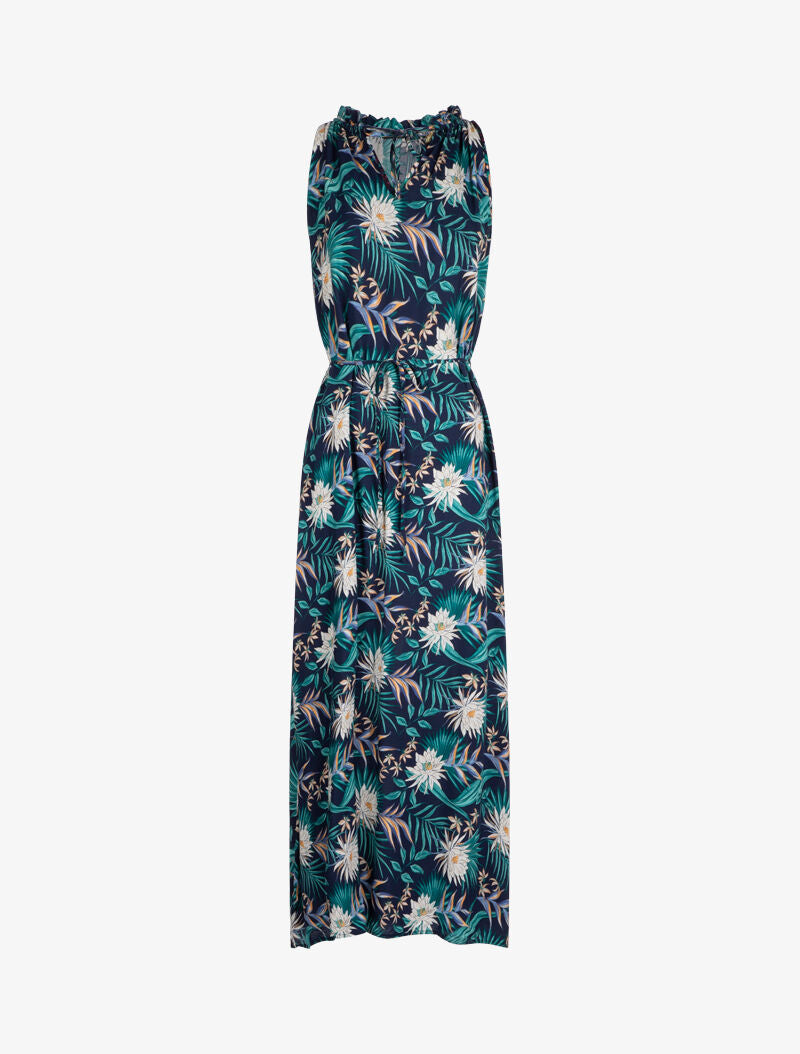 Robe imprimée à encolure montante volantée - marine - 2