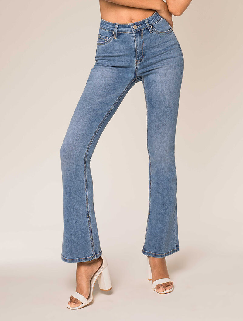 Jean coupe flare à bords fendus - bleu denim - 1