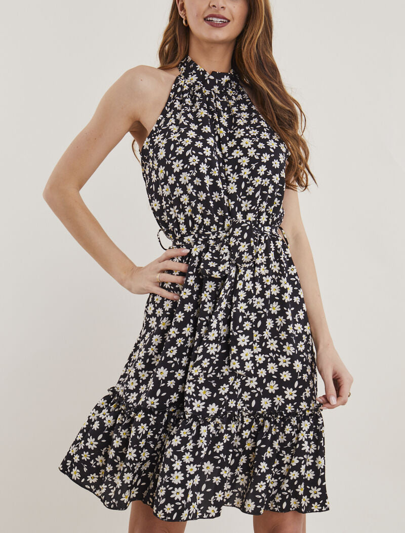 Robe à col américain imprimé marguerites - noir - 1