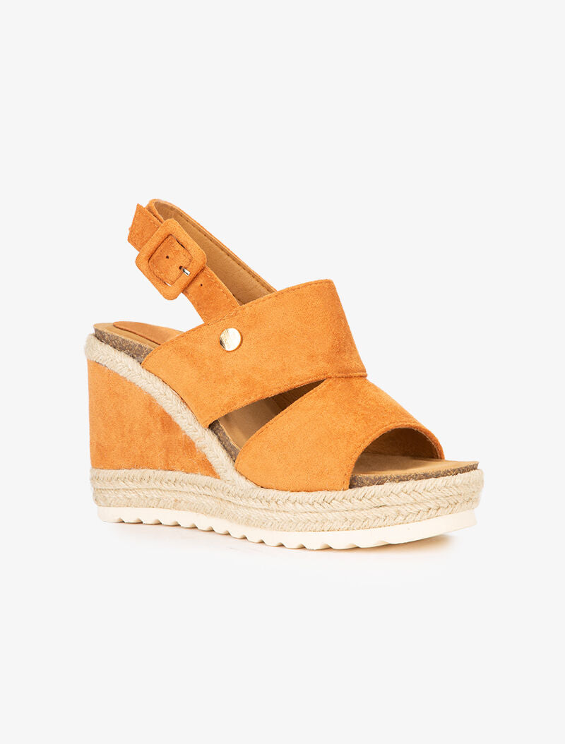 Compensées à talon stylisé bimatière - camel - 2