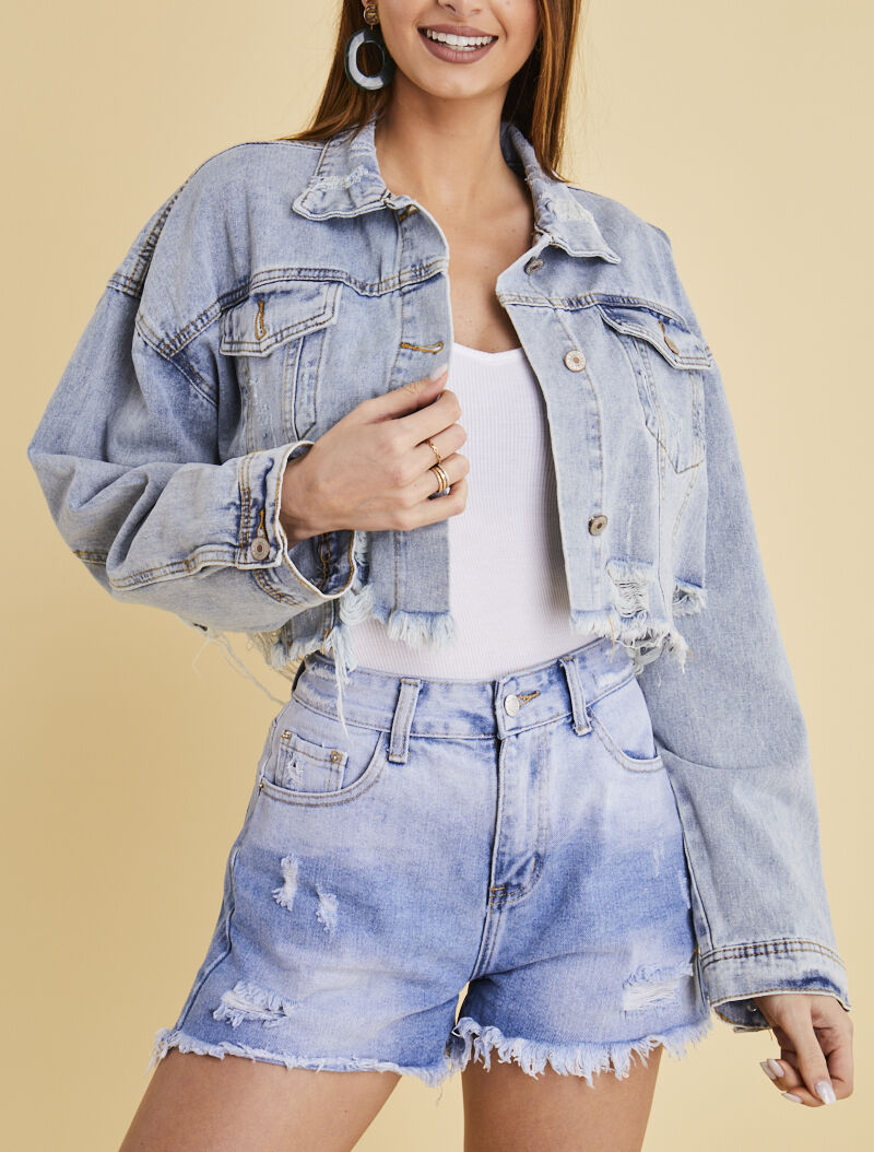 Veste courte effet destroy - bleu ciel - 1