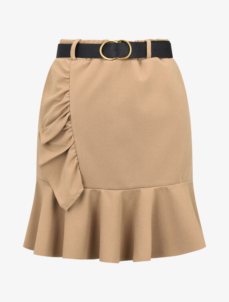 Jupe volantée avec ceinture simili - camel - 3