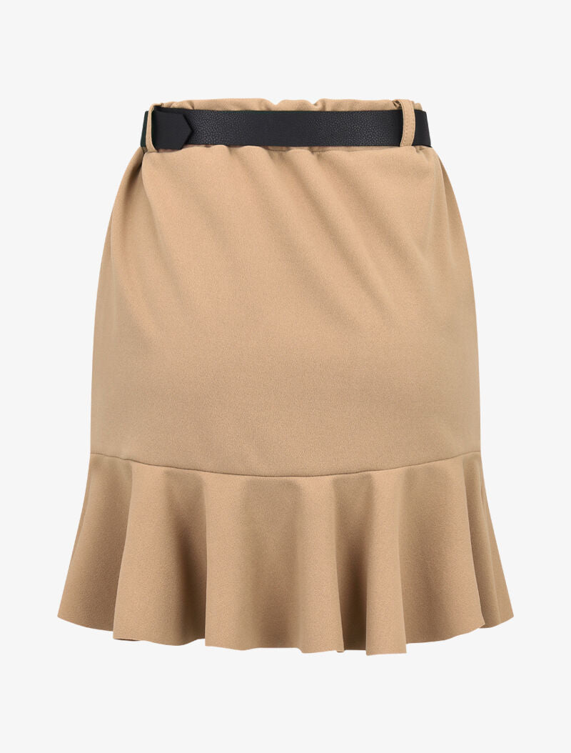 Jupe volantée avec ceinture simili - camel - 2