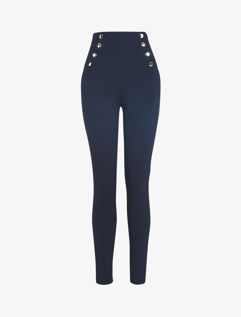 Pantalon taille empire à boutonnière - marine - 3