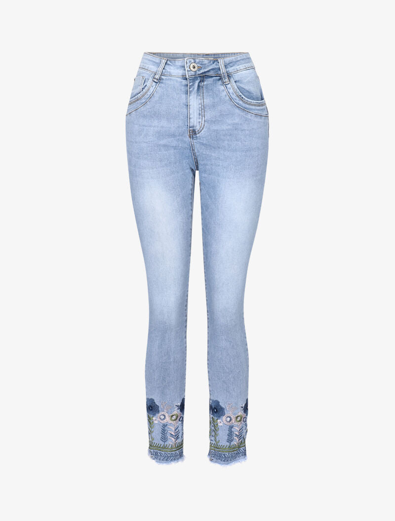 Jean effet froissé à fleurs brodées - bleu denim - 3