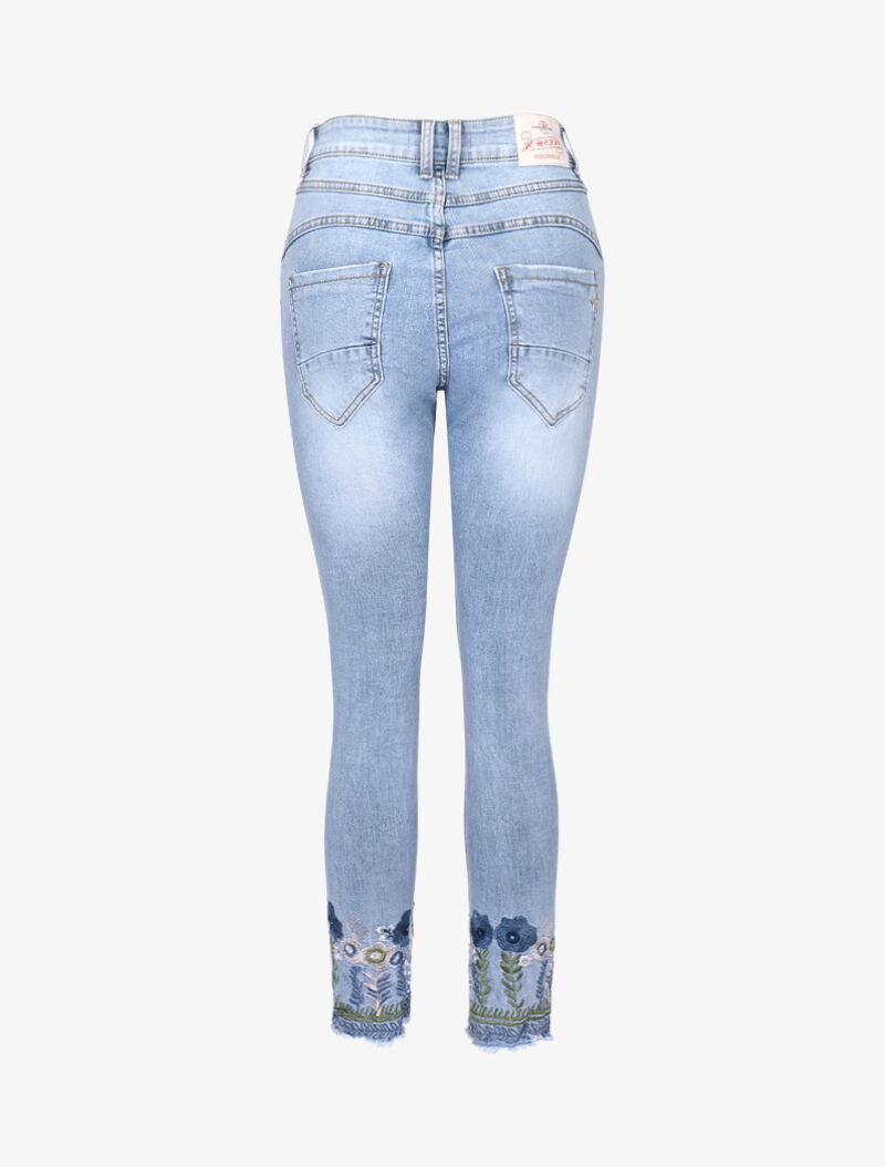Jean effet froissé à fleurs brodées - bleu denim - 4