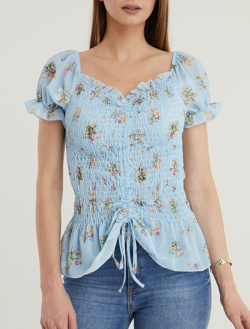 Top élastiqué à encolure coeur - bleu clair - 1