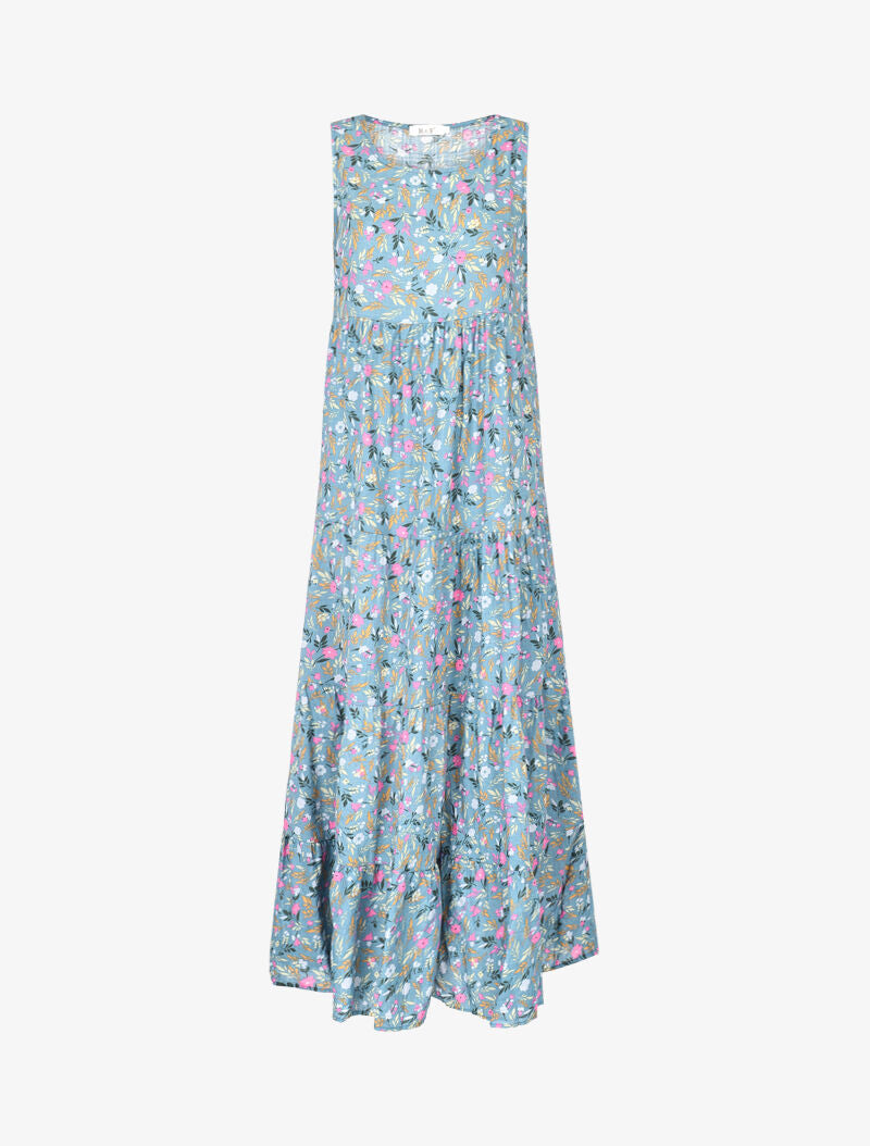 Robe longue coupe trapèze fleuri - bleu charrette - 1