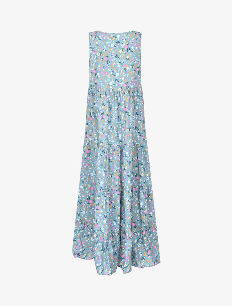 Robe longue coupe trapèze fleuri - bleu charrette - 2