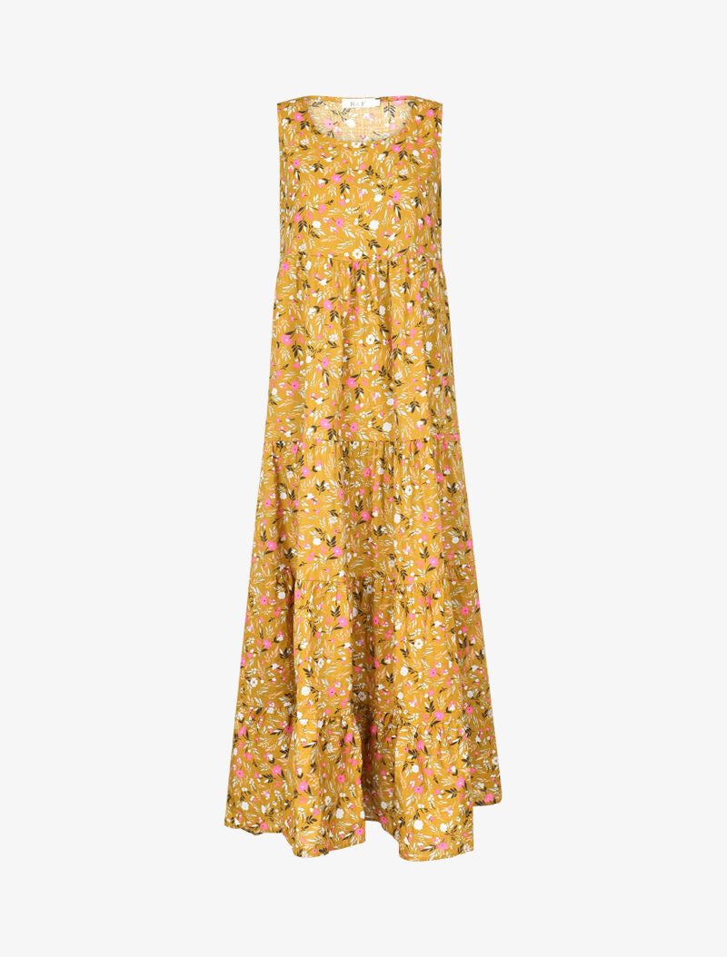 Robe longue coupe trapèze fleuri - moutarde - 1