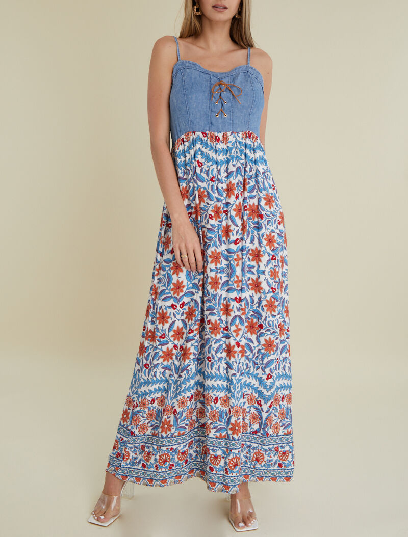 Robe à buste effet jean et imprimés - ecru - 1