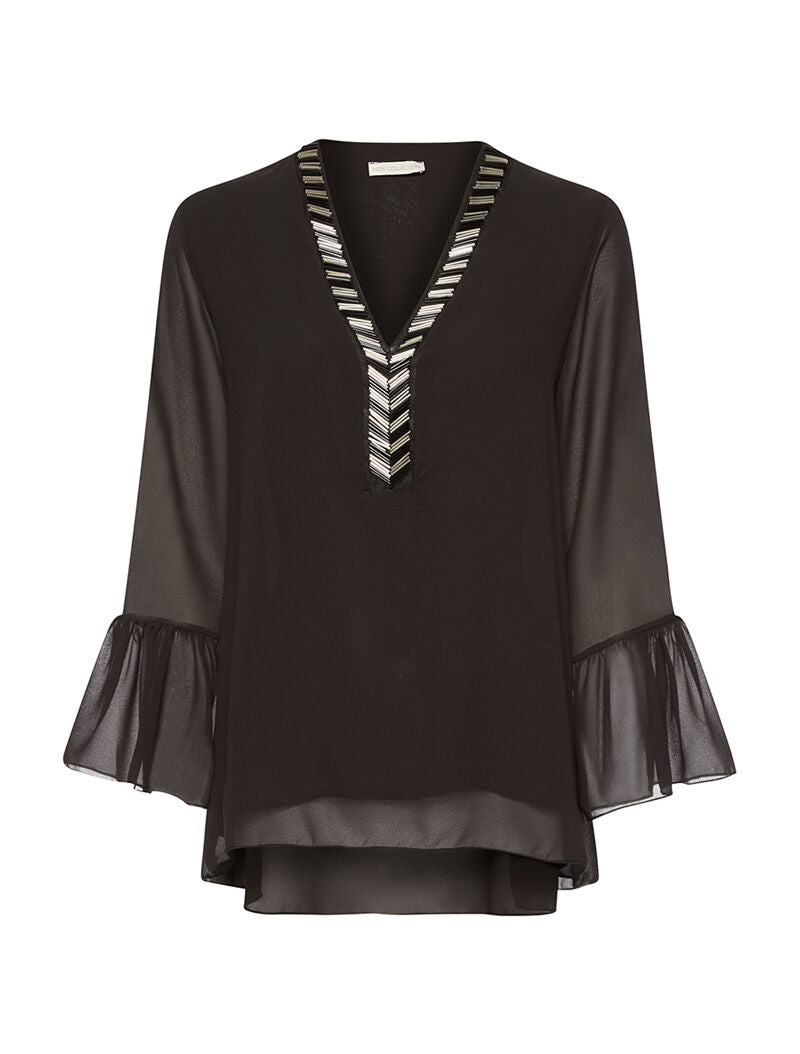 Blouse doublé col V perlé - noir - 1