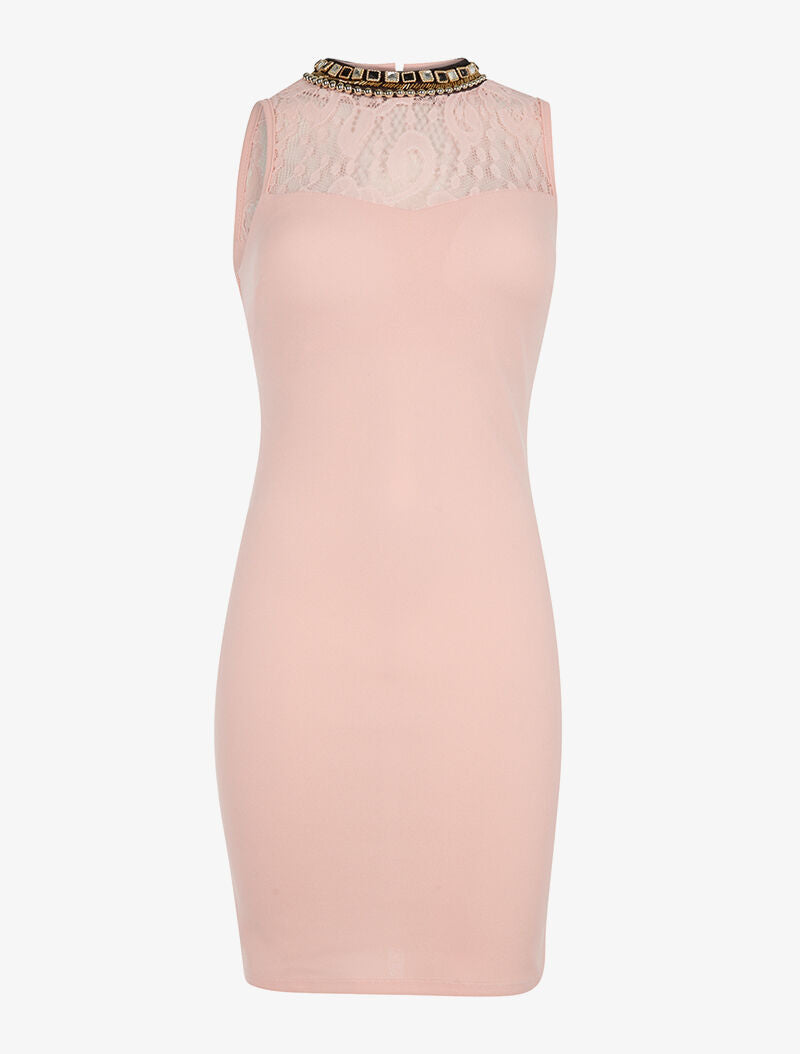 Robe dentelle et col bijoux - rose - 1