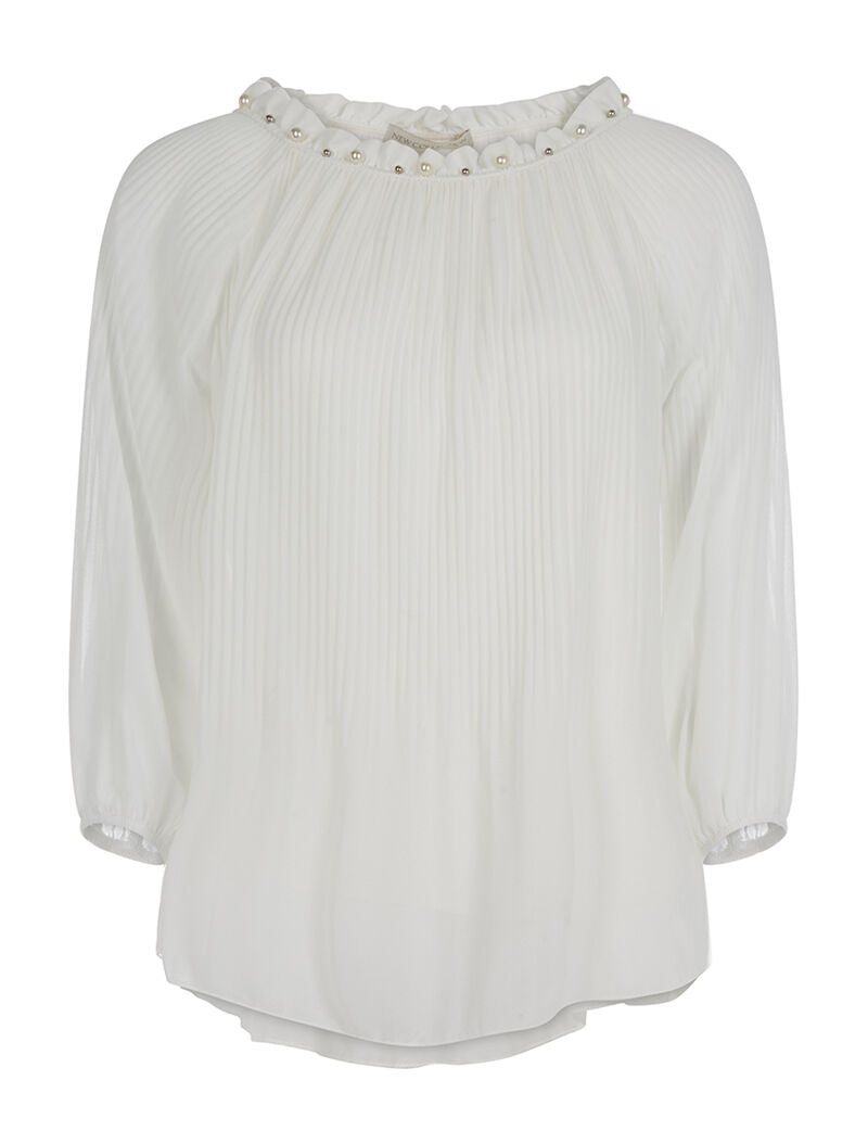 Top voile plissé col perlé - blanc - 1
